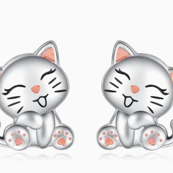 Cute Kitty Studs Fashion Studs  Pink and Grey Enamel design Earrings set - Picture 2 of 5